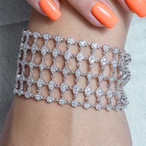 Sterling Silver 925 Rhodium Plated Round Clear CZ Net Bracelet